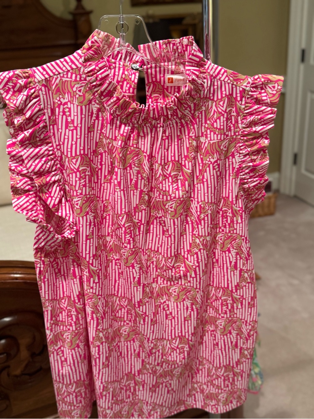 Jude Connolly Bright Pink Ruffle Neck Sleeveless Top with Tan Accent